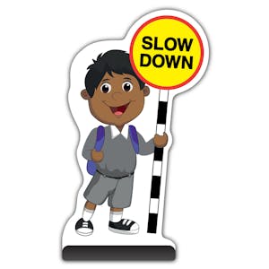 School Kid Cut Out Pavement Sign -  Kamal  - Slow Down - Grey Uniform