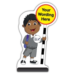 Custom Kid Cut Out Pavement Sign - Kamal - Grey Uniform - Your Logo Here
