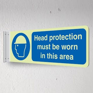 Photoluminescent Head Protection Must Be Worn In This Area - Corridor Sign