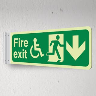 Photoluminescent Fire Exit Wheelchair Arrow Down - Corridor Sign - Landscape