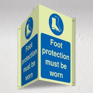 Photoluminescent Foot Protection Must Be Worn - 3D Corridor Sign