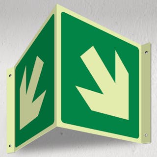 Photoluminescent Green Arrow Down Right - 3D Corridor Sign