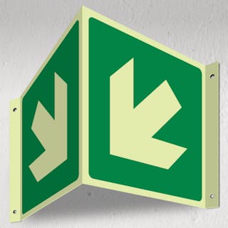 Photoluminescent Green Arrow Down Left - 3D Corridor Sign