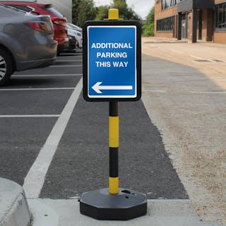 Temporary Signpost - Additional Parking This Way - Blue Arrow Left