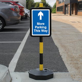 Temporary Signpost - More Parking This Way - Blue Arrow Up