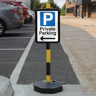 Temporary Signpost - Private Parking - Mandatory Blue Parking - Arrow Left