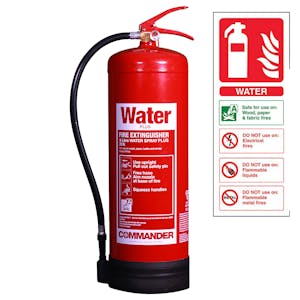 Commander Water Plus Spray Fire Extinguisher - 9Ltr - Rating 27A - With a FREE Safety Sign!

