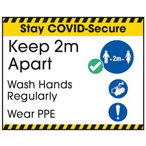 Stay COVID-Secure Keep 2m Apart - Wash Hands Regularly Label