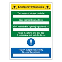 Emergency Information - Nearest Escape Route / Trauma Kit  / Fire Equipment Is