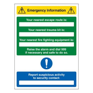 Emergency Information - Nearest Escape Route / Trauma Kit  / Fire Equipment Is