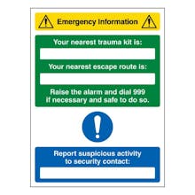 Emergency Information - Nearest Trauma Kit / Escape Route Is