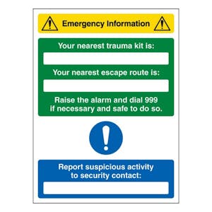 Emergency Information - Nearest Trauma Kit / Escape Route Is