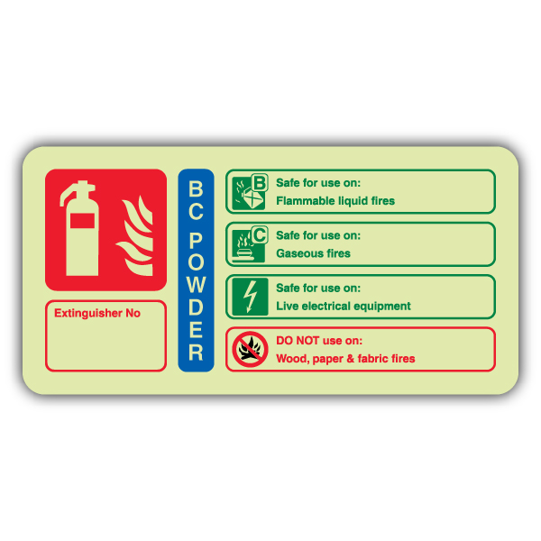 Photoluminescent Numbered BC Powder Fire Extinguisher- Landscape Sign ...