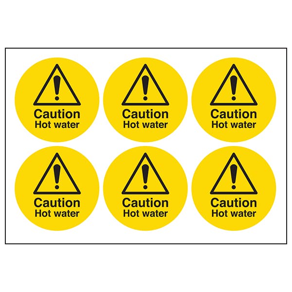 Caution Hot Water Vinyl Labels On A Sheet