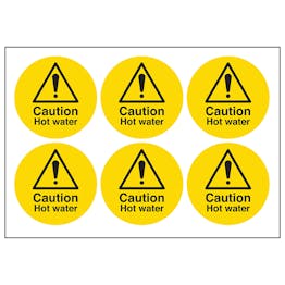 Caution Hot Water Vinyl Labels On A Sheet