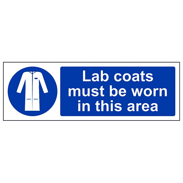Vsafety Cartello Obbligo Camice Laboratorio – Adesivo 300x100 Mm, Norma EN ISO 7010, Blu