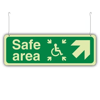 Photoluminescent Safe Area Arrow Up Right/Left - Icon Centre - Landscape - Hanging Sign