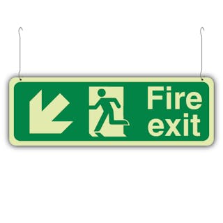 Photoluminescent Double Sided Fire Exit Arrow Down Right/Left - Hanging Sign