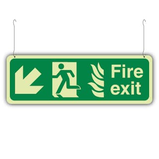 Photoluminescent Double Sided NHS Fire Exit Arrow Down Left/Right - Hanging Sign