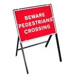 Beware Pedestrians Crossing Sign with Stanchion Frame